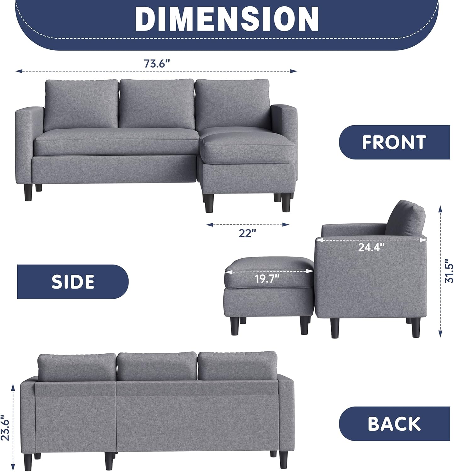 Small Sectional Sofa Couch, 3 Seat L Shaped Couches with Ottoman, Upholstered Fabric Convertible Sofa, Small Couch for Apartments, Living Room and Office (Dark Grey)