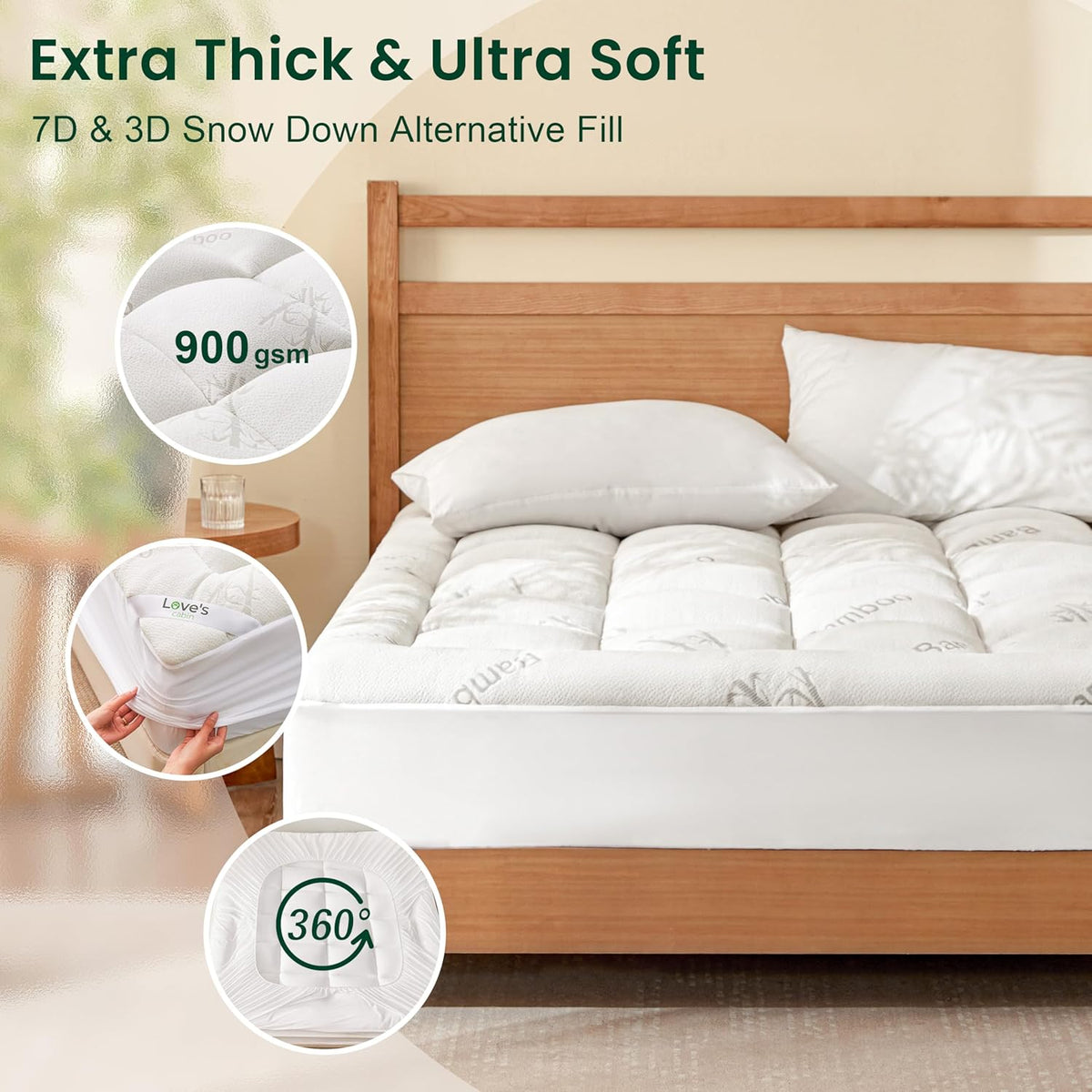Love's cabin King Size Mattress Topper, Rayon Derived from Bamboo, 900 GSM Breathable Mattress Topper Pad, Thick Pillow Top Mattress Pad with 8"-20" Deep Pocket(78"x80")