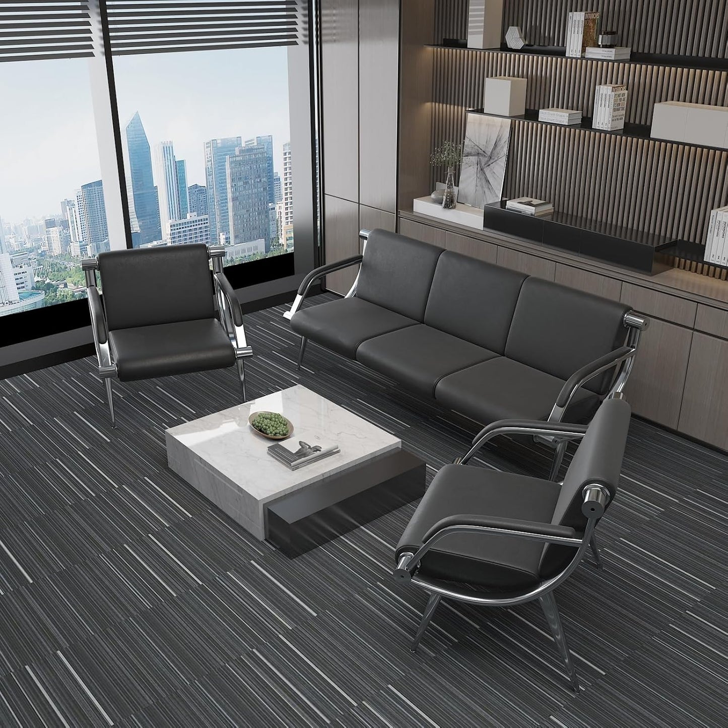 wonline 5 Seat Waiting Room Chair with Armrest PU Leather Office Furniture, Office Guest Seating Lobby Conference Reception Chairs for Airport Clinic Hospital Bank Salon Barber(Black)