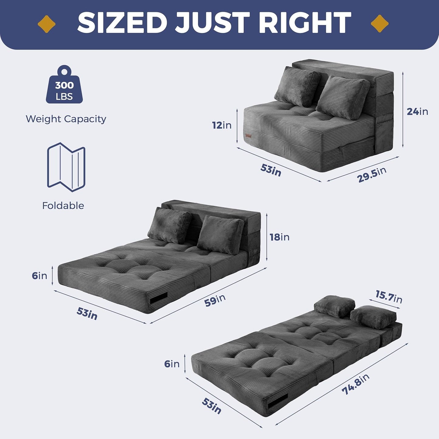 MAXYOYO Convertible Sofa Bed, Fold Out Sleeper Sofa with Pillow, 4 in 1 Tufted Folding Couch Bed Foam Floor Couch, Lazy Chair for Living Room Bedroom Guest Room, Dark Grey