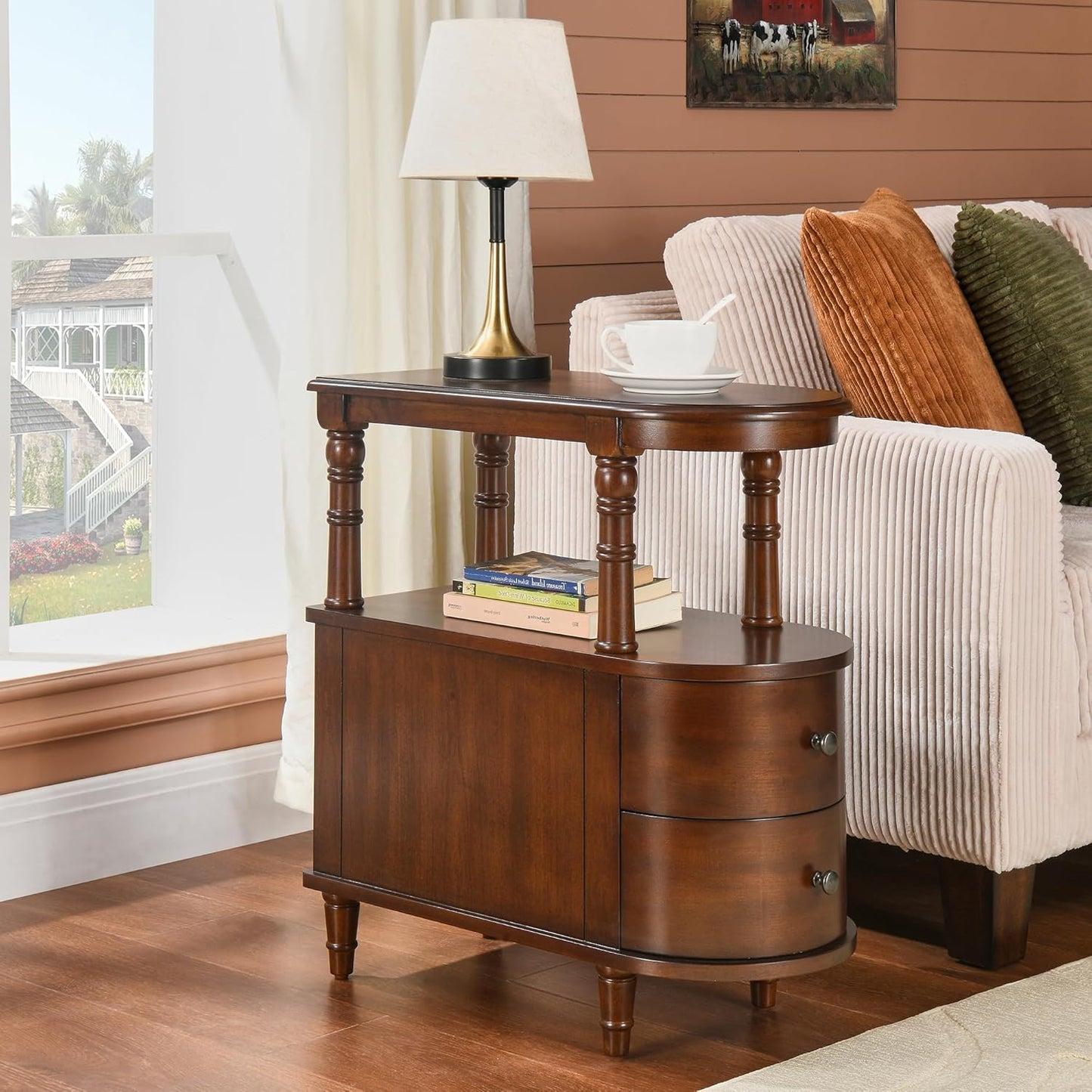 2 Set of Wood End Table with 2 Drawers and Storage Shelf, Narrow Sofa Side Table for Living Room, Vintage Slim Nightstand Bedside Table for Bedroom, Slim Chair Side Table Cherry Walnut A508CY