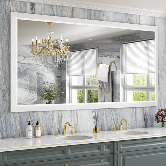 Amorho Bathroom Mirror, 72 X36 Inch White Thick Metal Framed Wall Mirrors for Over 2 Sinks, Bedroom, Living Room, Entryway, Large Rectangle Wall-Mounted Mirrors.