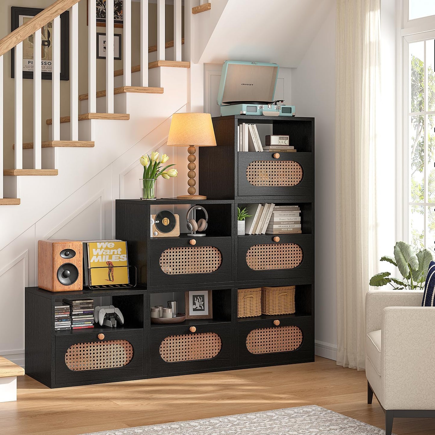 3-in-1 Modular TV Stand with Rattan Doors, DIY Media Console Boho Entertainment Center Modern TV Cabinet with Open Shelves,Black