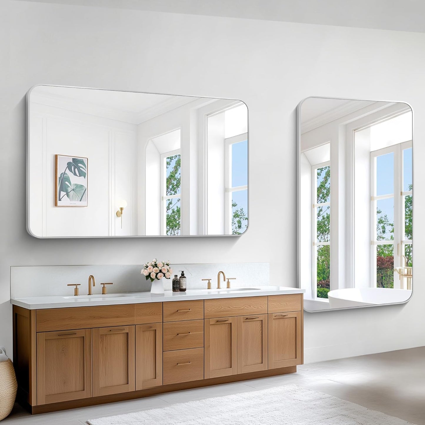 BONEWEI Silver Bathroom Mirror,60x36 inch Wall Mirror for Bathroom Wall Mounted,Rectangle Mirror for Bathroom Over Sink,Modern Frame Round Corner for Living Room,Bedroom Entryway,Horizontal/Vertical