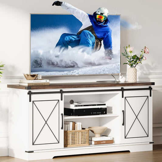 GarveeHome Farmhouse TV Stand for TV up to 65 Inches and Entertainment Center with Sliding Barn Doors, Tv Media Console Table with Storage Cabinet for Living Room, Bedroom, White & Brown