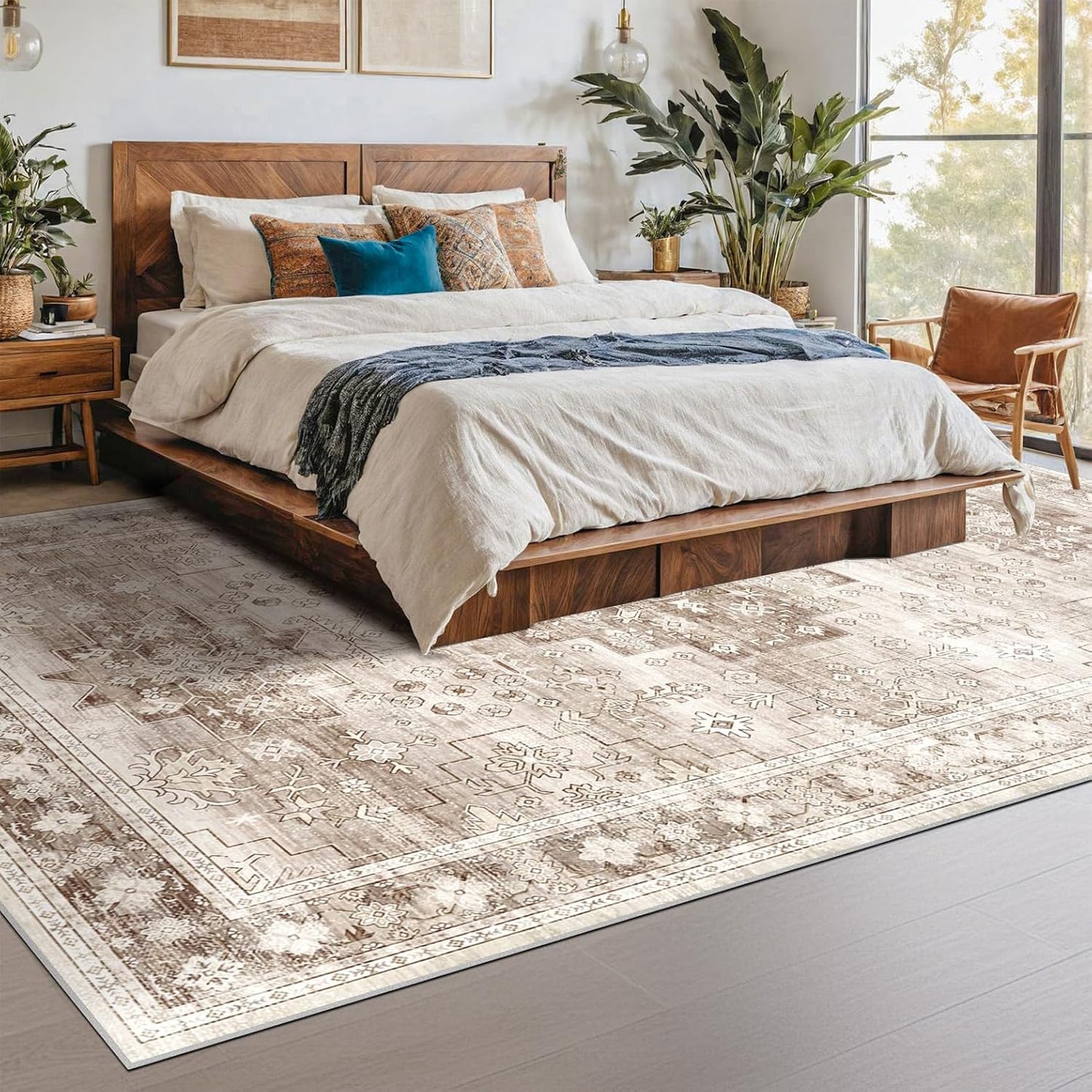 Washable Farmhouse Living Room Rug, 8x10 Area Rugs for Bedroom, Dining Room Under Table Carpet, Kids Room, Large Boho Vintage Non-Slip Floral Rugs Low Pile Stain Resistant (8x10 Beige/Latte)