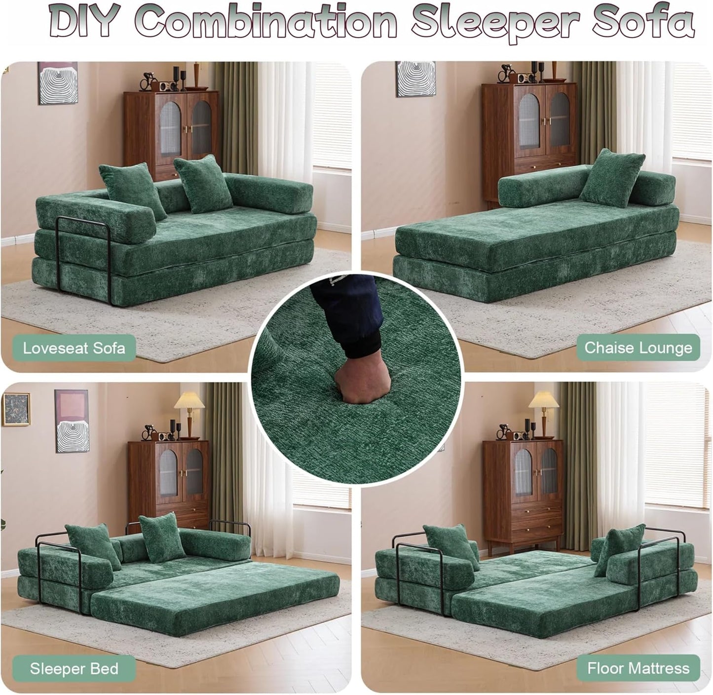 Convertible Sofa Bed, Compression Futon Sofa with Pillows & Armrest, Foldable Mattress Couch with Fixed-Shape Frame, Comfy Couch Lounge Sleeper Bed for Living Room Bedroom, Dark Green