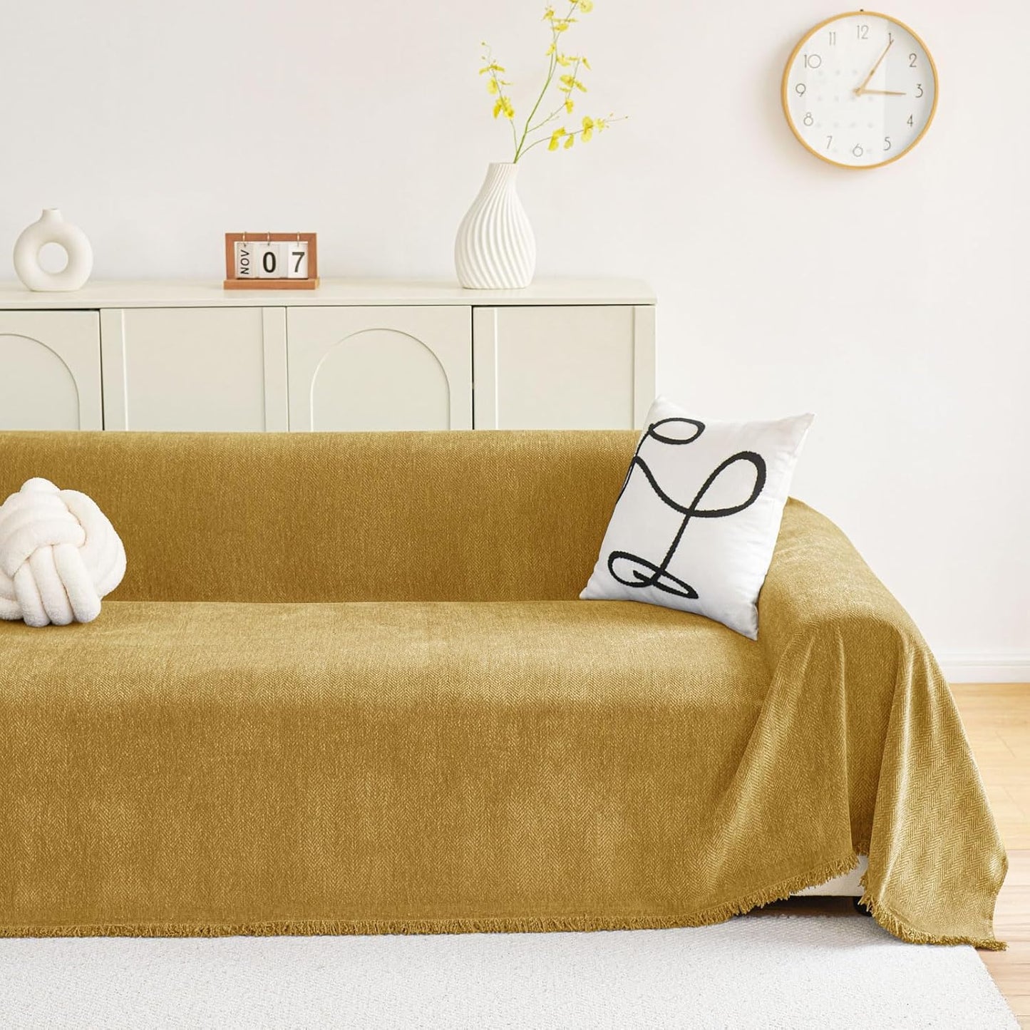 hyha Couch Cover for Dogs, Boho Sofa Covers for 3 Cushion Couch Washable, Chenille Sofa Slipcover for Pets, Soft Loveseat Sectional Couch Throw Blankets with Tassels (Yellow, 71x134 Inch)