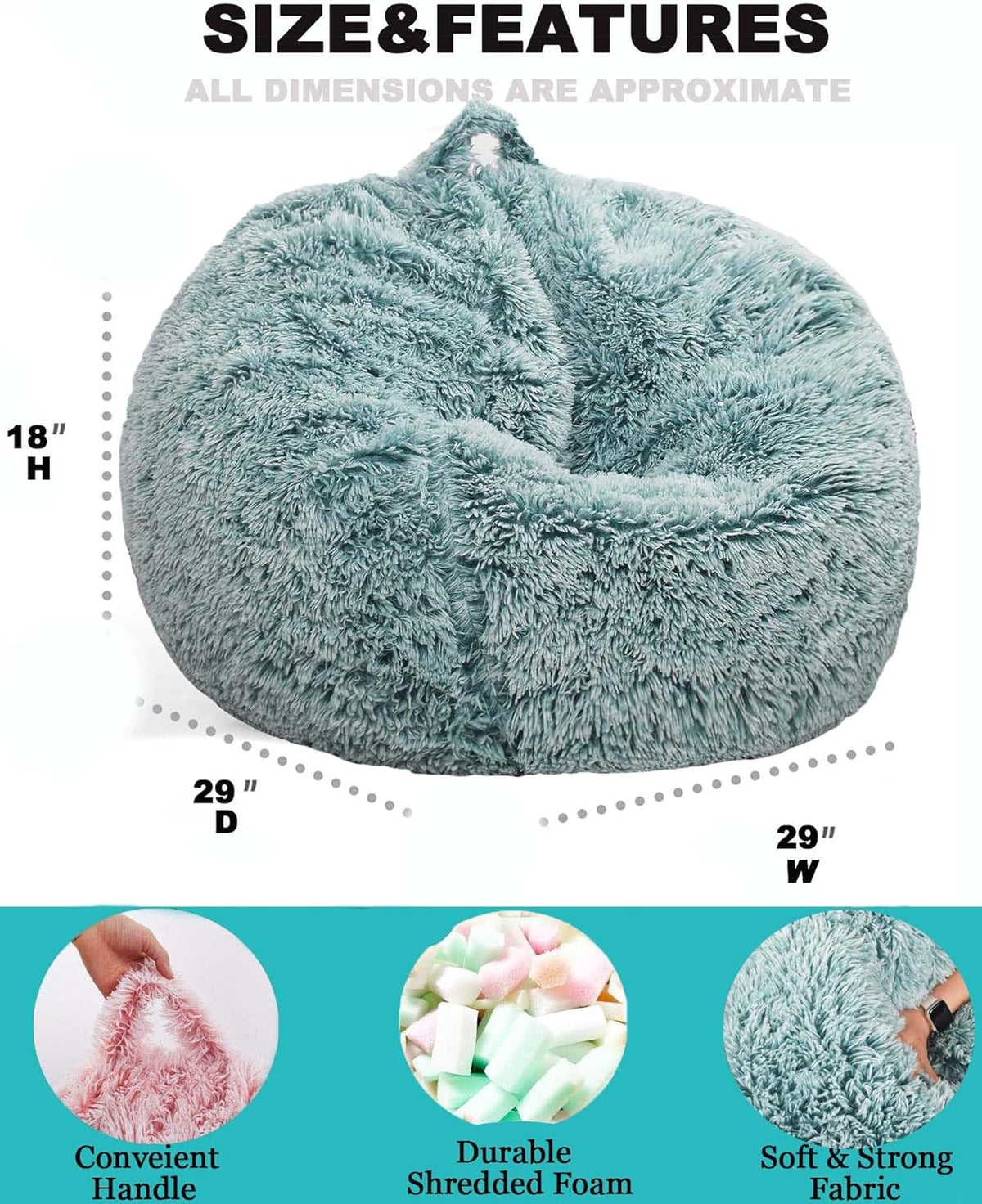 Fluffy Bean Bag Chair for Kids, 2.5FT Round Memory Foam Filled Bean Bag for Teens & Kids, Ultra Soft Faux Fur Fabric Bean Bag Chairs for Playroom, Living Room, Bedroom, Dark Green