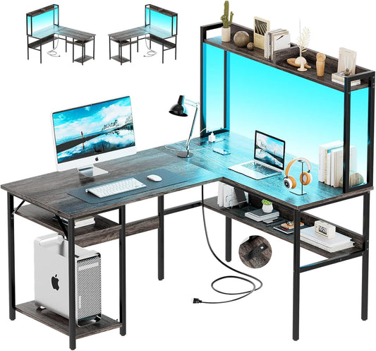 L Shaped Computer Desk with Hutch and Storage Shelves, Gaming Desk with LED Lights, Reversible L-Shaped Desk with Power Outlets, Home Office Desk, Corner Desk, Black Oak