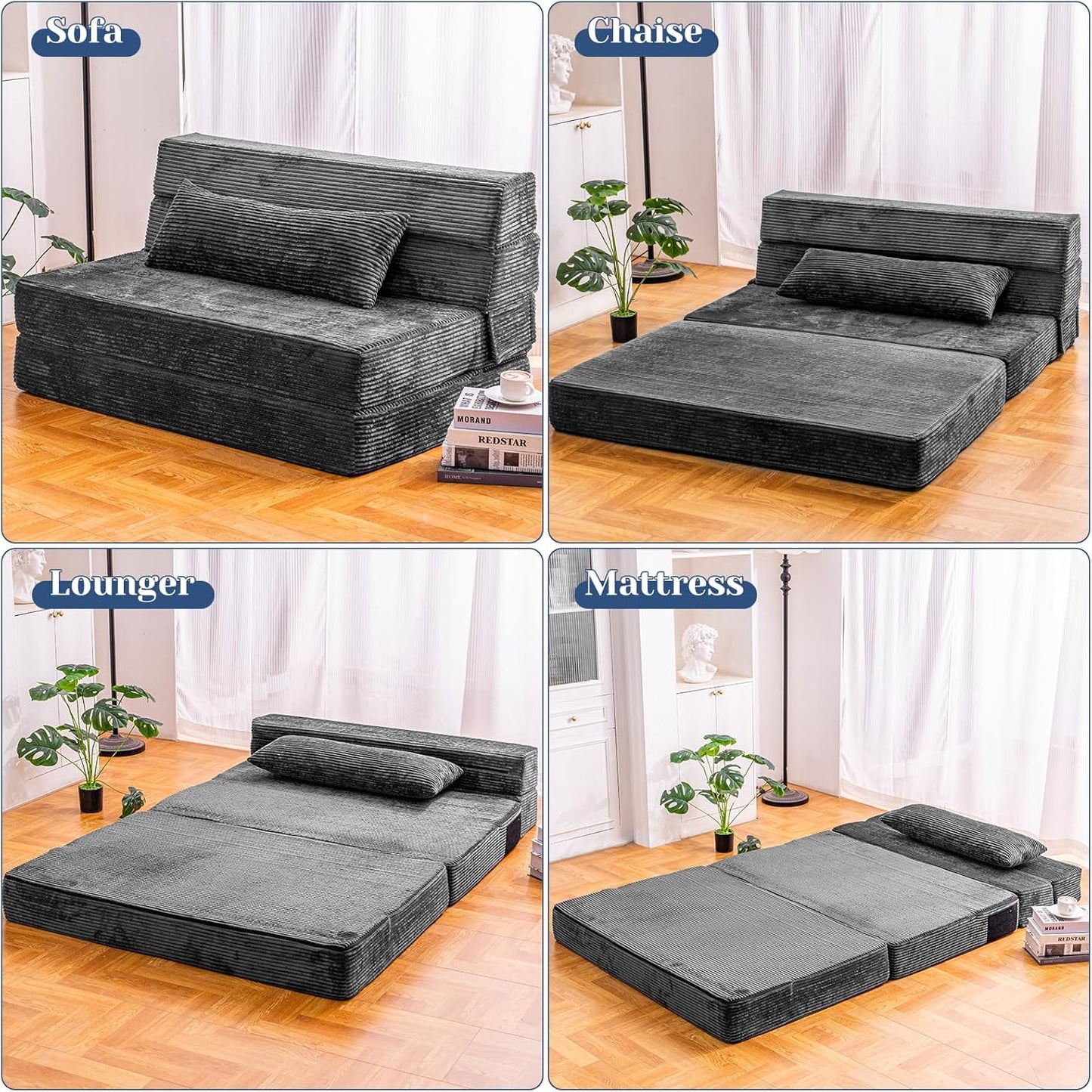 Folding Sofa Bed, Convertible Sleeper Chair with Pillow, High Density Memory Foam Fold Out Couch, Foldable Mattress Futon Sofa for Living Room/Dorm/Guest Use/Apartment/Home Office