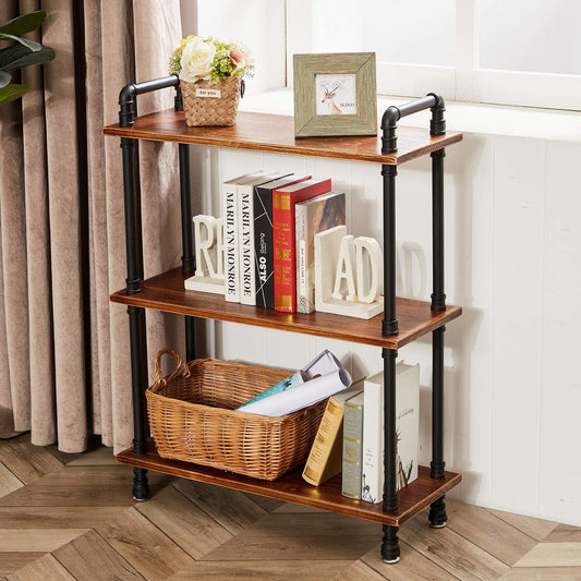 Industrial Bookshelf, 3 Tier Pipe Shelving, Industrial Pipe Shelf - Rustic Brown, 29.5" L x 11.8" W x 39" H