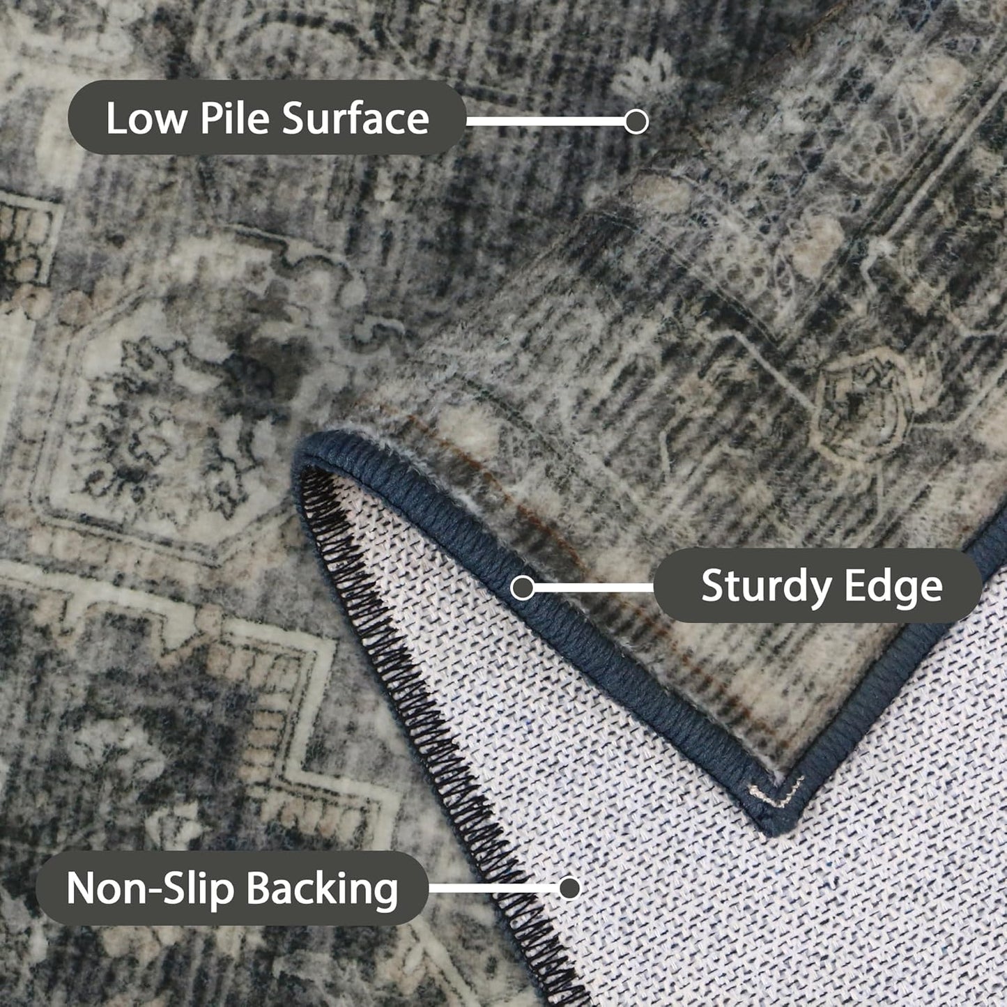 GENIMO 5x7 Area Rugs for Living Room, Machine Washable Non Slip Vintage Rugs, Low Pile Lightweight Chenille Print Rug for Bedroom, Dining Room, Home Office,Charcoal Gray