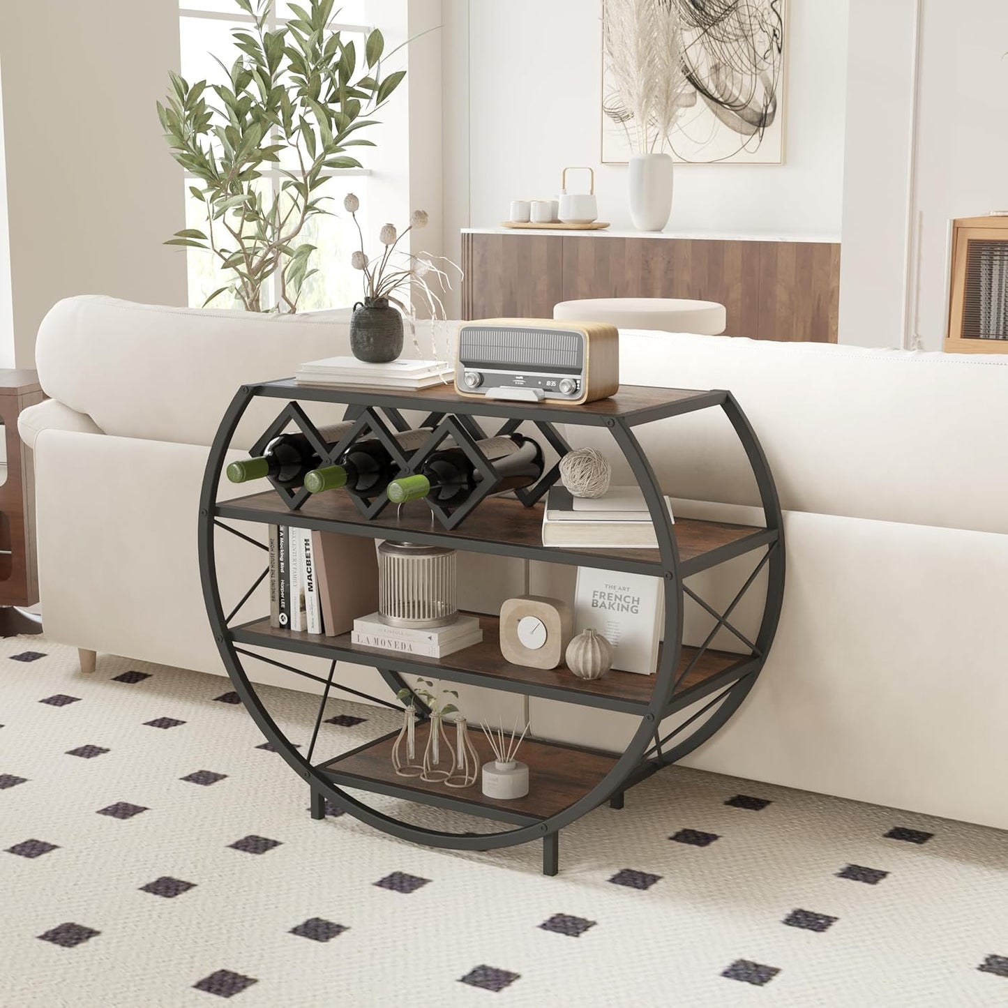 Demilune Console Table Industrial Entryway Table with 4-Tier Open Storage Shelf Wood and Metal Christmas Sofa Table with Wine Rack for Living Room Hallway Display Vintage Rustic Brown