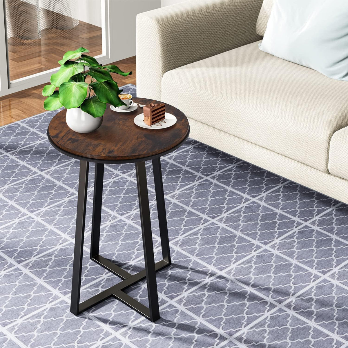 Side Table, Round End Table Vintage Brown Color MDF Top, Modern Coffee End Table for Living Room, Bedroom, Nightstand with Black Steel Frame for Small Spaces