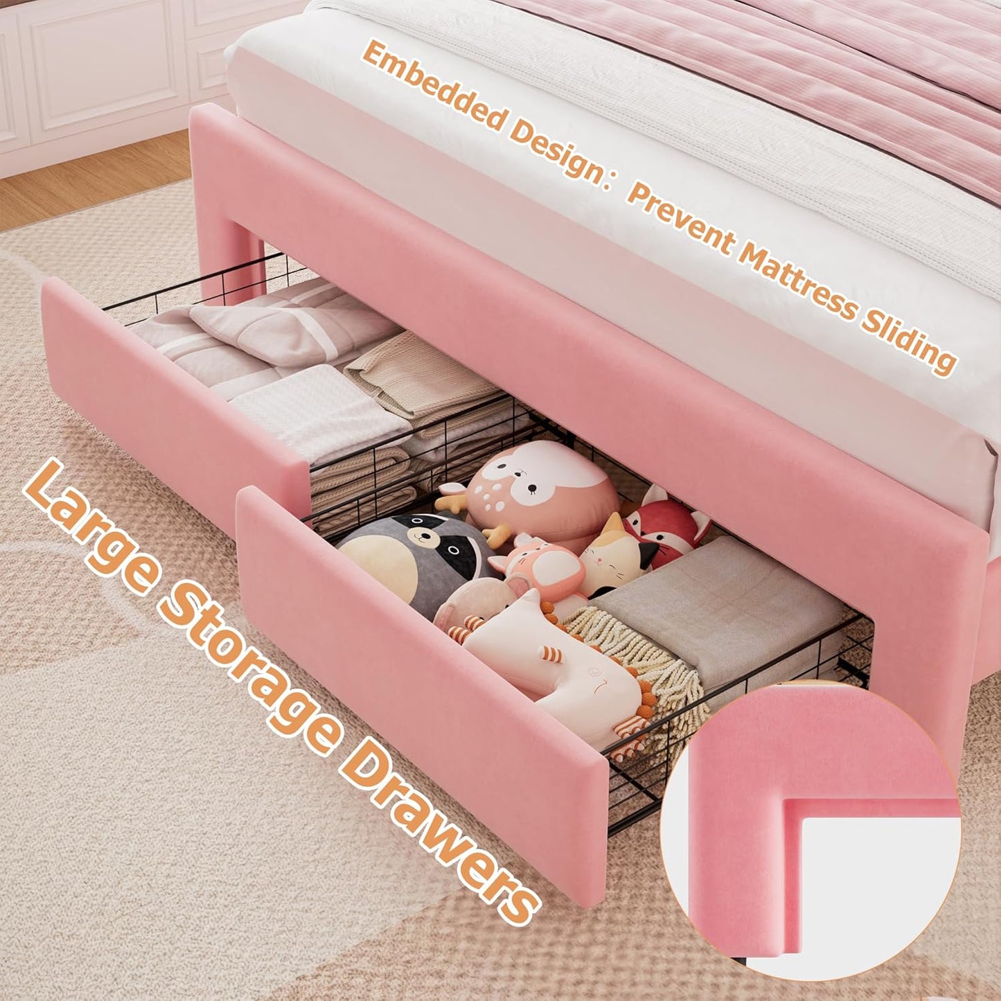 Queen Upholstered LED Bed Frame with 2 Storage Drawers and Adjustable Chic Double Wavy Headboard, Velvet Princess Platform Bed with Charing Station, Solid Wood Slats Support,No Box Spring Needed, Pink