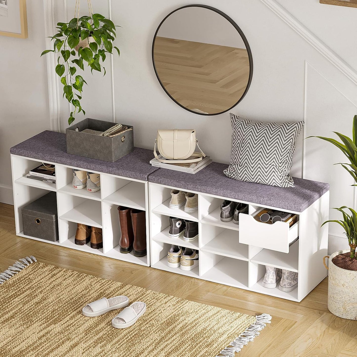 DINZI LVJ Shoe Bench,Entryway Storage Bench with Drawer and 8 Cubbies,Cubby Rack Adjustable Shelves,Shoe Organizer Cabinet for Living Room,Bedroom,Mudroom,Closet Garage,White