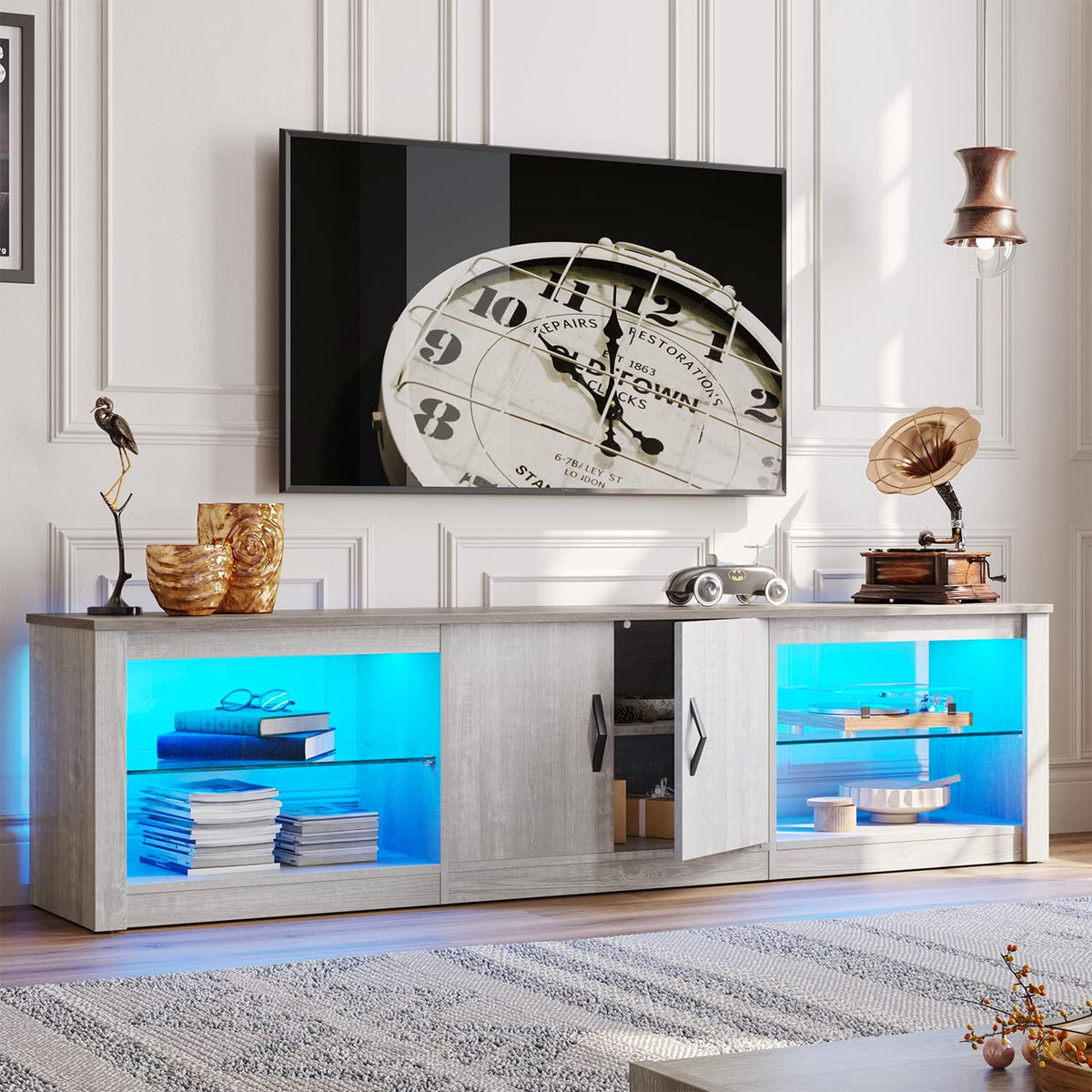 Bestier 70 Inch Led TV Stand for 75 Inch TV Large Entertainment Center Gaming with Adjustable Glass Shelves Two Cabinets Modern TV Console for Living Room 22 RGB Modes, Wash White