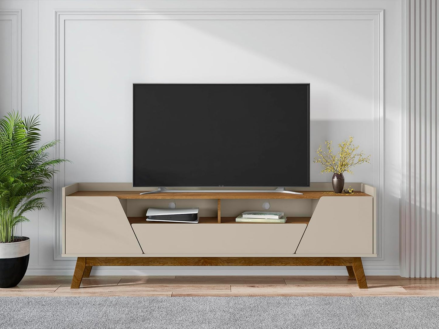Manhattan Comfort Marcus Mid Century Modern 70 Inch TV Stand with Drawers, Cable Management, 4 Shelves and Soft Close Doors, Entertainment Center and Media Console for Living Room, Off White
