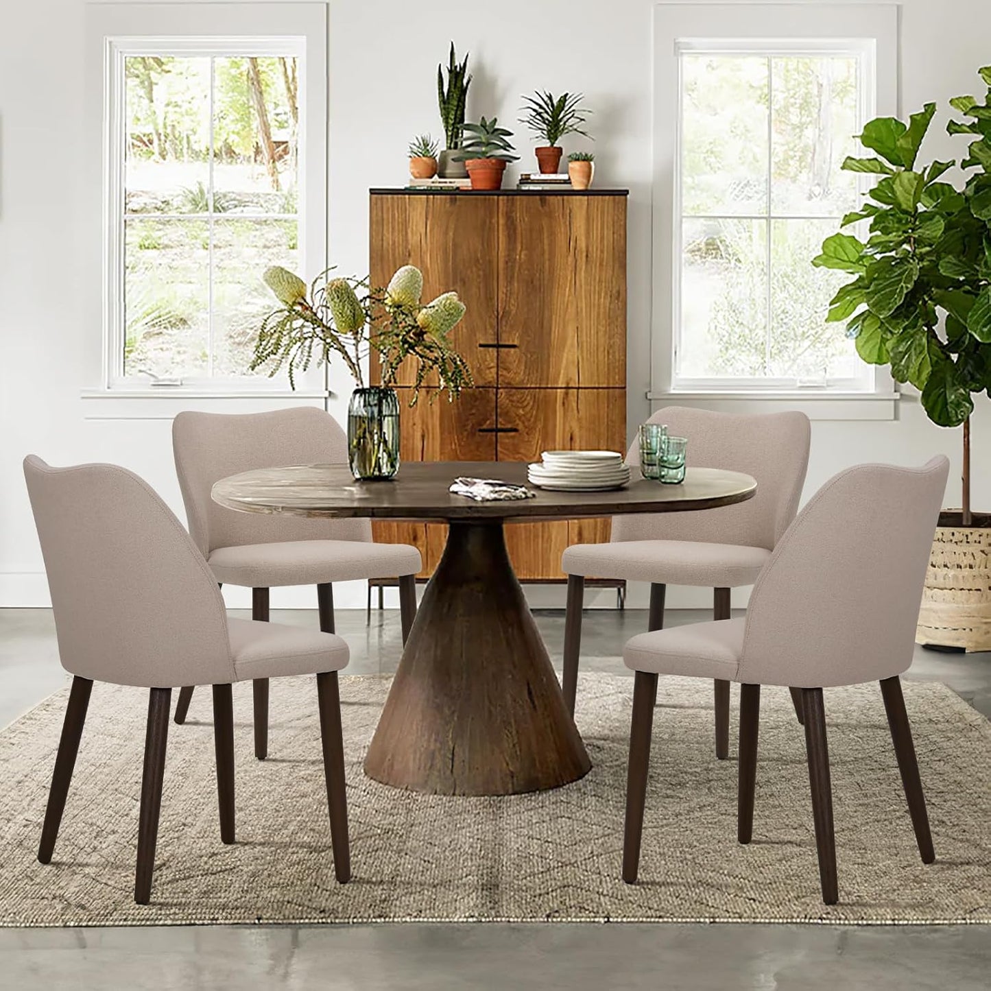 COLAMY Upholstered Dining Chairs Set of 4, Fabric Dining Room Kitchen Chairs with Padded Seat and Wood Legs for Restaurant/Cafe, Camel
