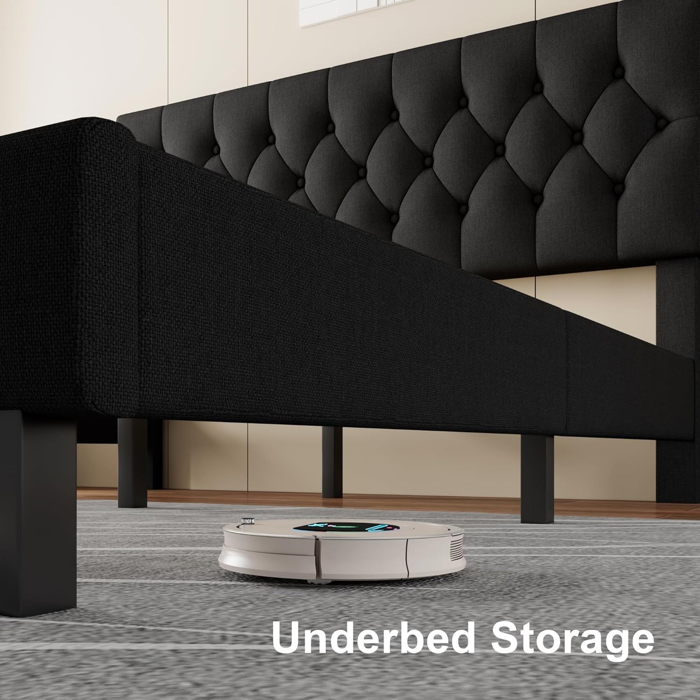 Feonase Full Size Platform Bed Frame with Button Tufted Headboard, Upholstered Linen Bed with Wooden Slats Support, No Box Spring Needed, Easy Assembly, Noise-Free, Black