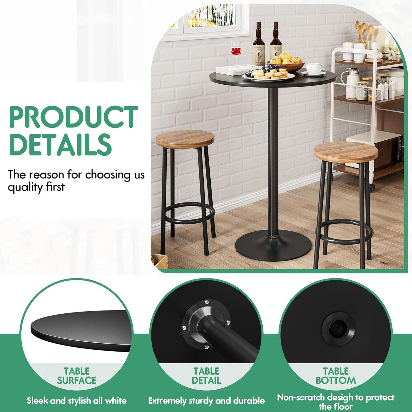 Shahoo Round Bar Table, Cocktail Tables with Metal Base & MDF Top, for Bistro Pub, Cafe, Set of 2, Black