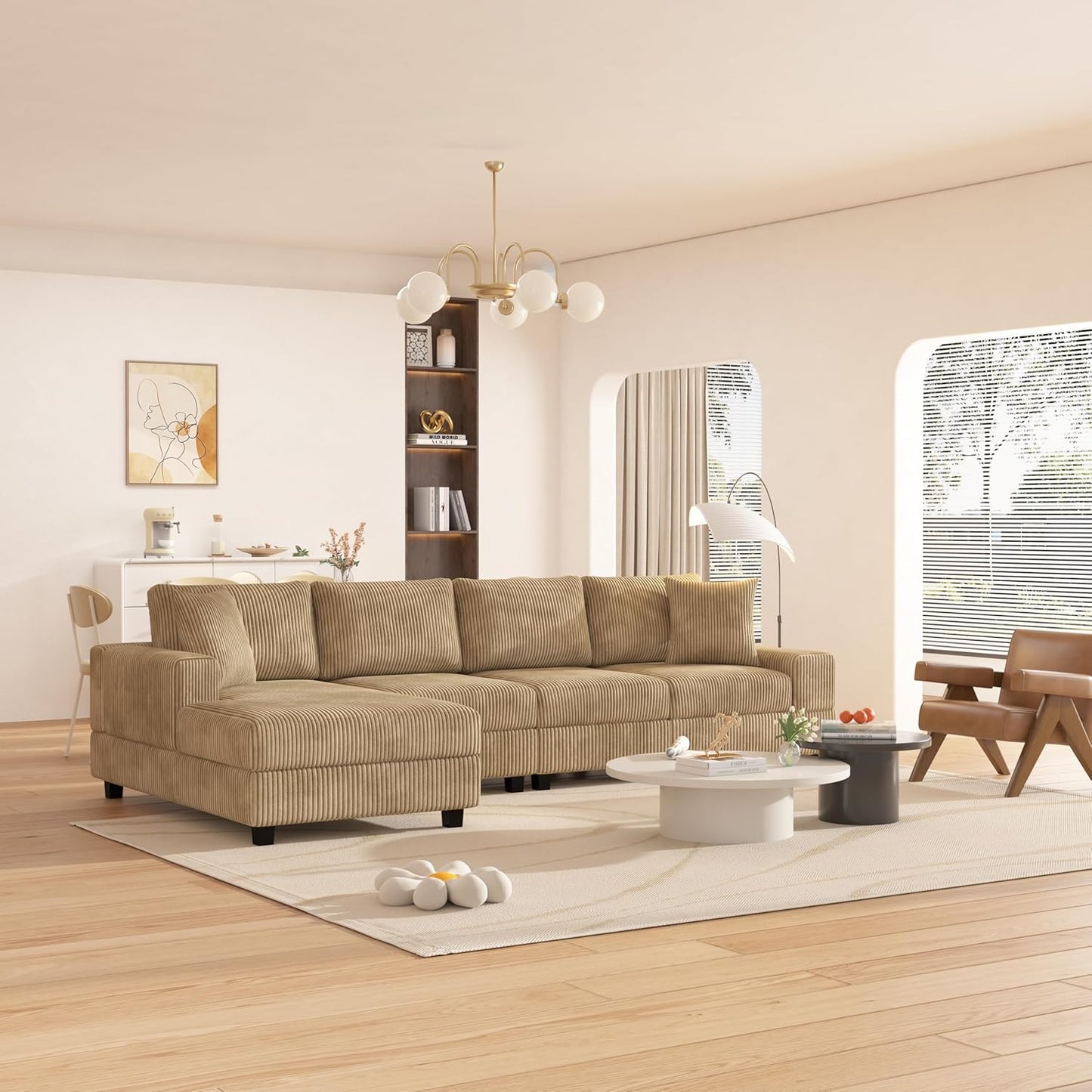 Eafurn 132.68" Oversized L Shaped Modular Sectional Sofa Couch with Reversible Chaise Lounge Daybed, Modern Corduroy Upholstered Corner Lounge Couch with Thick Cushions and Headrest