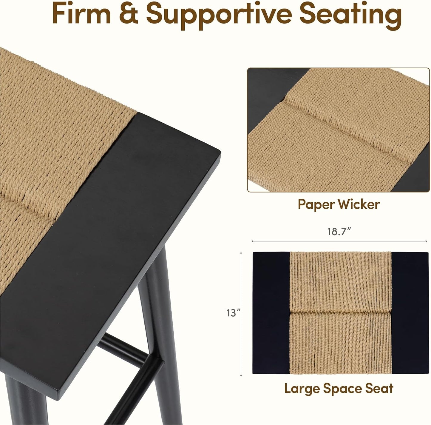 Thor Wicker Counter Height Wooden Counter Stool with Hand-Knitted Rope, K/D, Backless Island 24" Wicker Stool for Kitchen, Solid Wood, Eco-Friendly, Modern Design