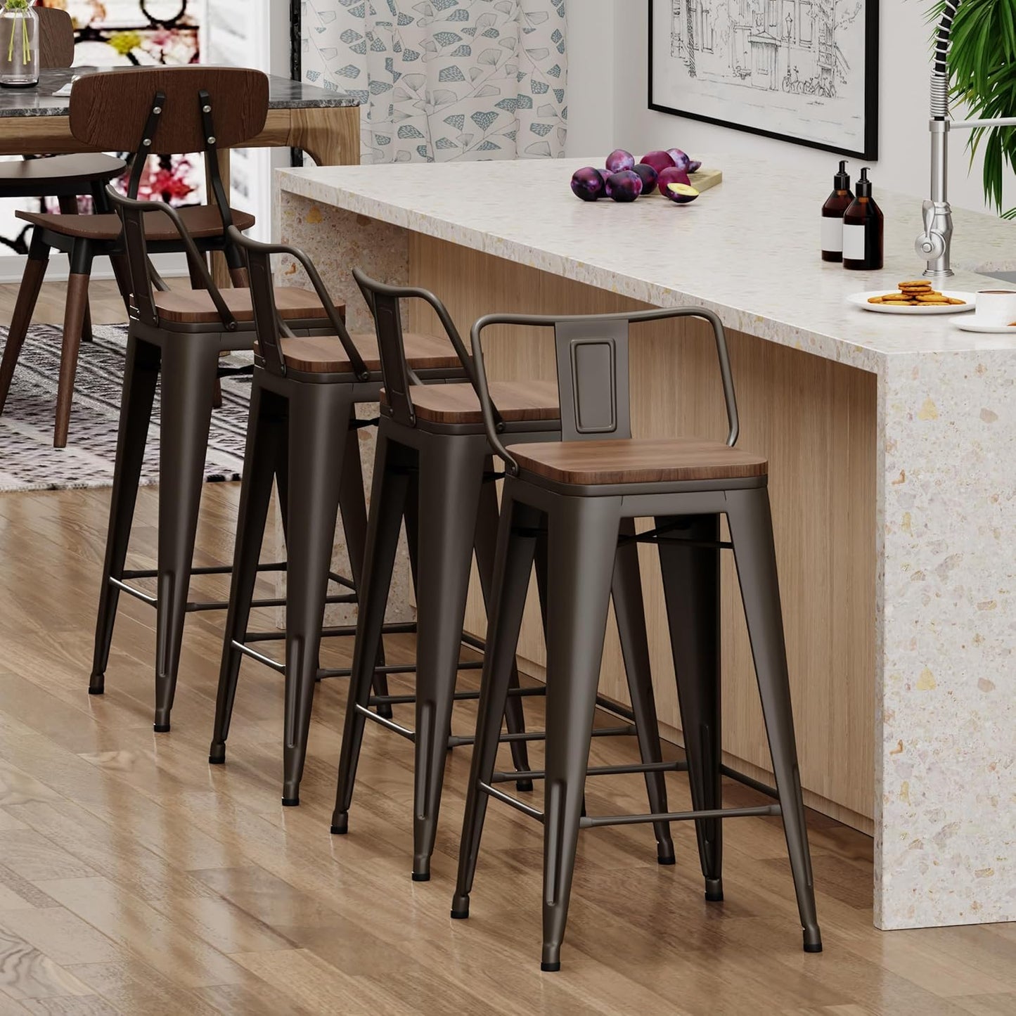 Yongchuang 26 inch Bar Stools Set of 4 Industrial Kitchen Counter Height Barstools with Wood Seat Metal Low Back Bar Chairs Gunmetal