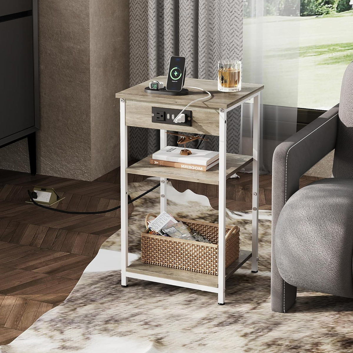 WLIVE Side Table with Charging Station and USB Ports, Small End Tables for Small Spaces, 3-Tier Nightstand with Adjustable Shelf, Bedside Tables, Living Room, Bedroom, Greige