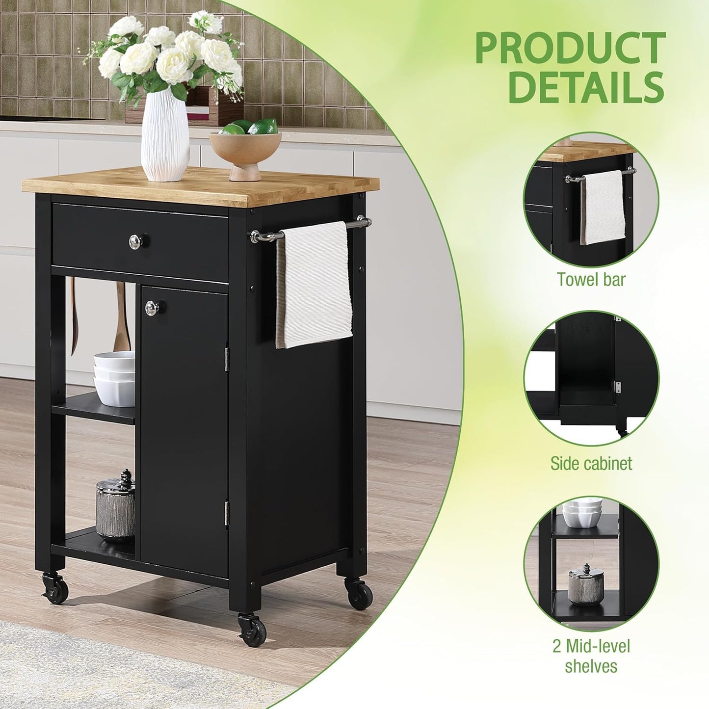 OSP Home Furnishings Derry Modern Farmhouse Kitchen Cart with Natural Butcher Block Top, Rolling Storage Cabinet with Drawer, Shelves, Hooks, Black Finish