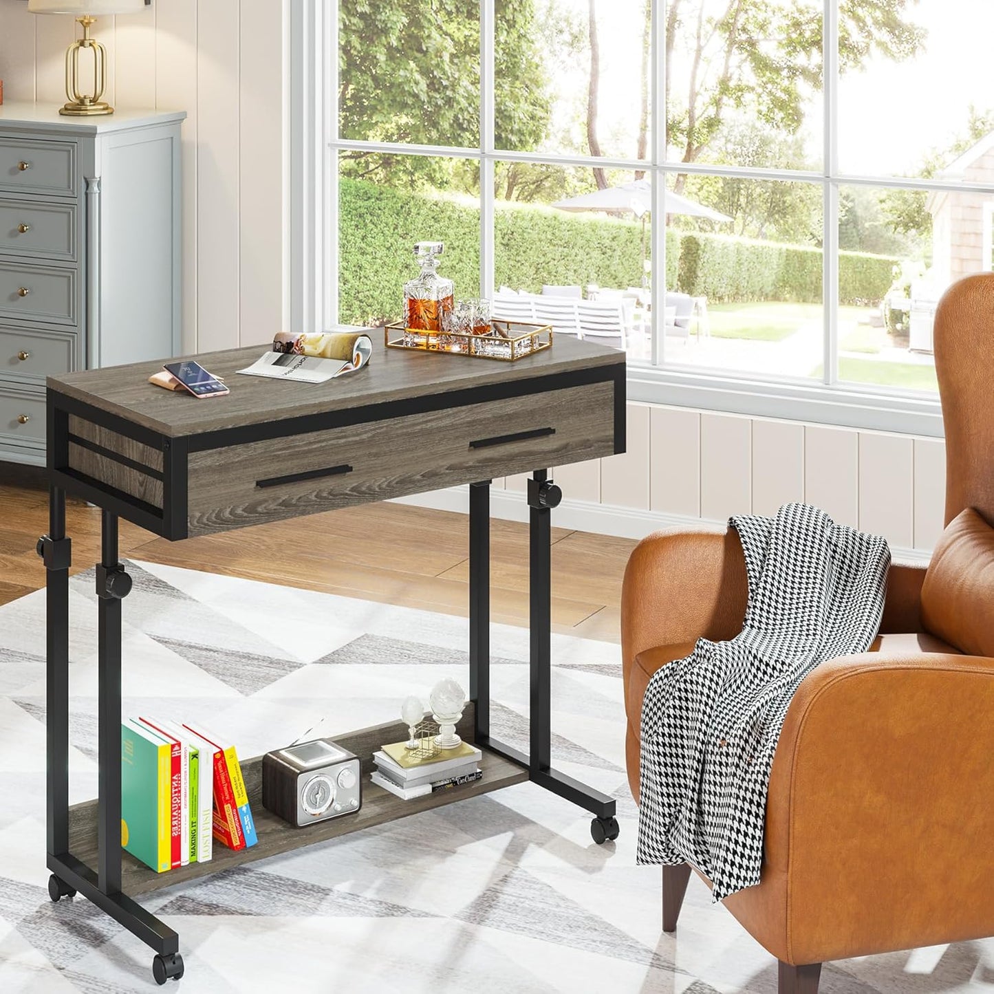 Tribesigns Portable Desk with Drawers, Mobile Laptop Desks with Wheels, Couch Desk Sofa Side Table, Small Standing Desks for Home Office (Retro Grey)