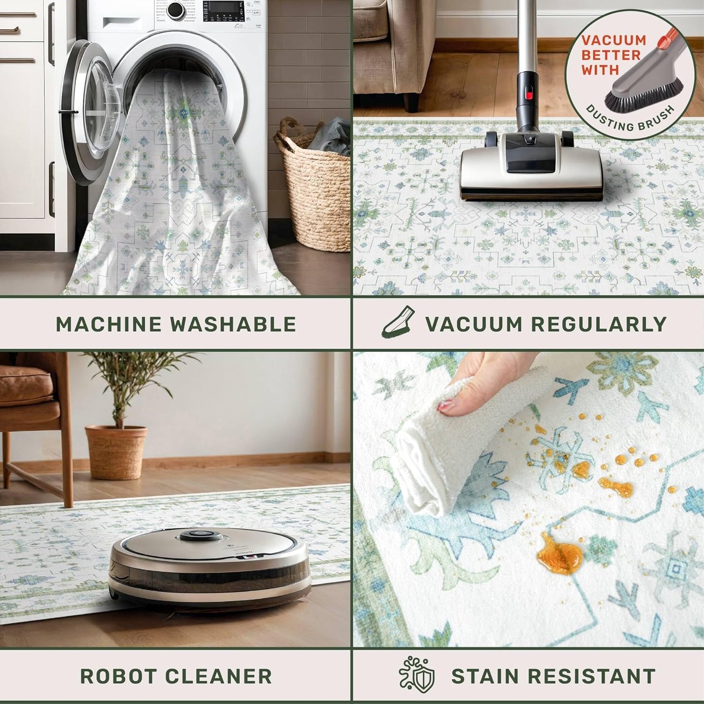 Blue and Green Washable Rugs for Living Room - 4x8 Vintage Boho Floral Pastel Cream, Washable Low Pile Non Slip Area Rug for Bedroom Beside Bed, Door Mat Indoor Entrance, Kitchen, Decor