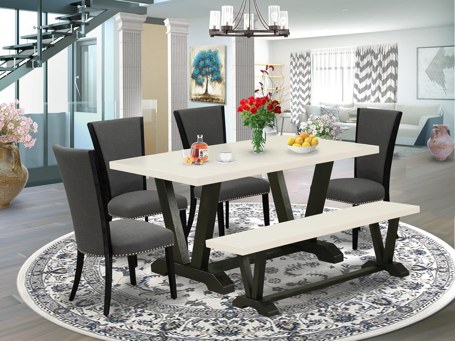 East West Furniture V626VE650-6 6 Piece Kitchen Table Set Contains a Rectangle Dining Table with V-Legs and 4 Dark Gotham Linen Fabric Parson Chairs with a Bench, 36x60 Inch, Multi-Color