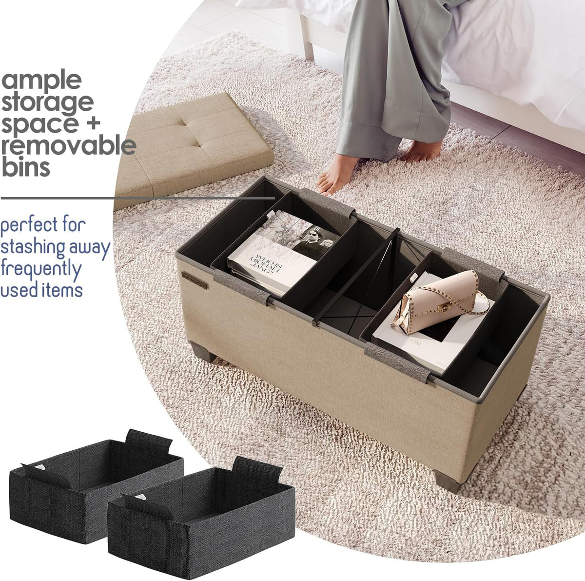 STORAGEBUD Storage Ottoman Bench with Bins, 30-in Storage Bench for Bedroom End of Bed, Folding Foot Rest Ottoman for Living Room Max 660lbs, Fabric Ottomans, Taupe