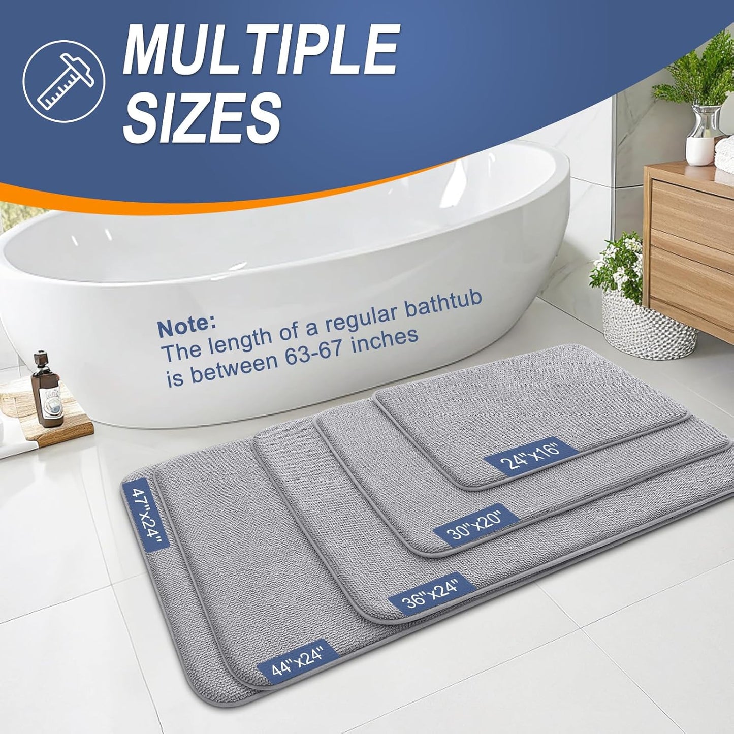 OLANLY Thick Memory Foam Bath Mat Rug 70x24, Extra Soft Absorbent Bathroom Rug, Quick Dry Bath Mats, Non-Slip, Machine Washable Carpet for Bathroom, Tub and Shower, Home Decor Accessories, Grey