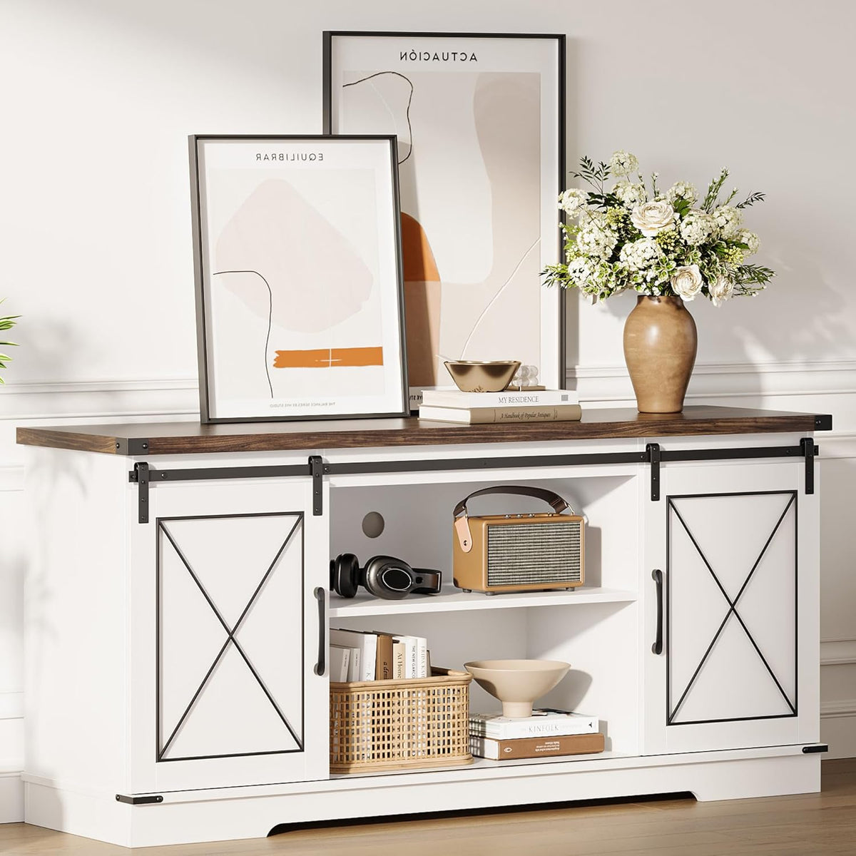 IDEALHOUSE Farmhouse TV Stand and Entertainment Center for Tv up to 65 inches with Sliding Barn Doors, Tv Media Console Table with Storage Cabinet for Living Room, White & Brown
