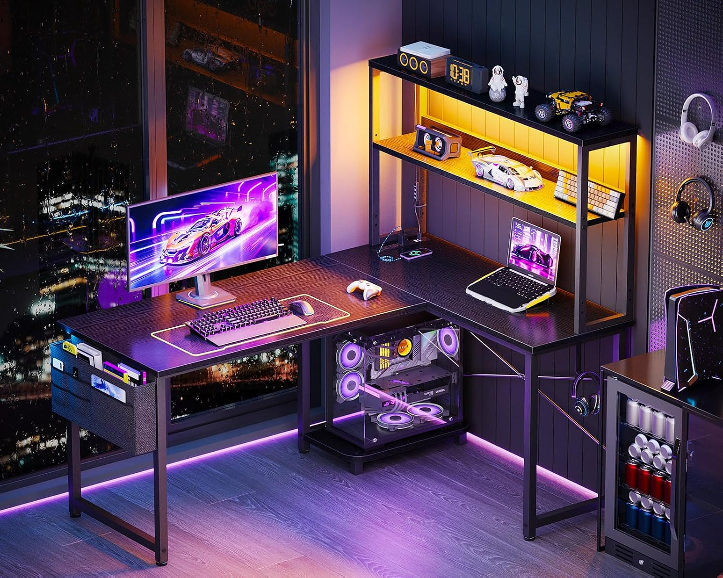 ODK 43 Inch L Shaped Desk with LED Lighting, Reversible Gaming Desk with Power Outlets, Cornor Computer Table with Storage Shelves & Bag & Iron Hook, Home Office Table for Writing, Study, Black