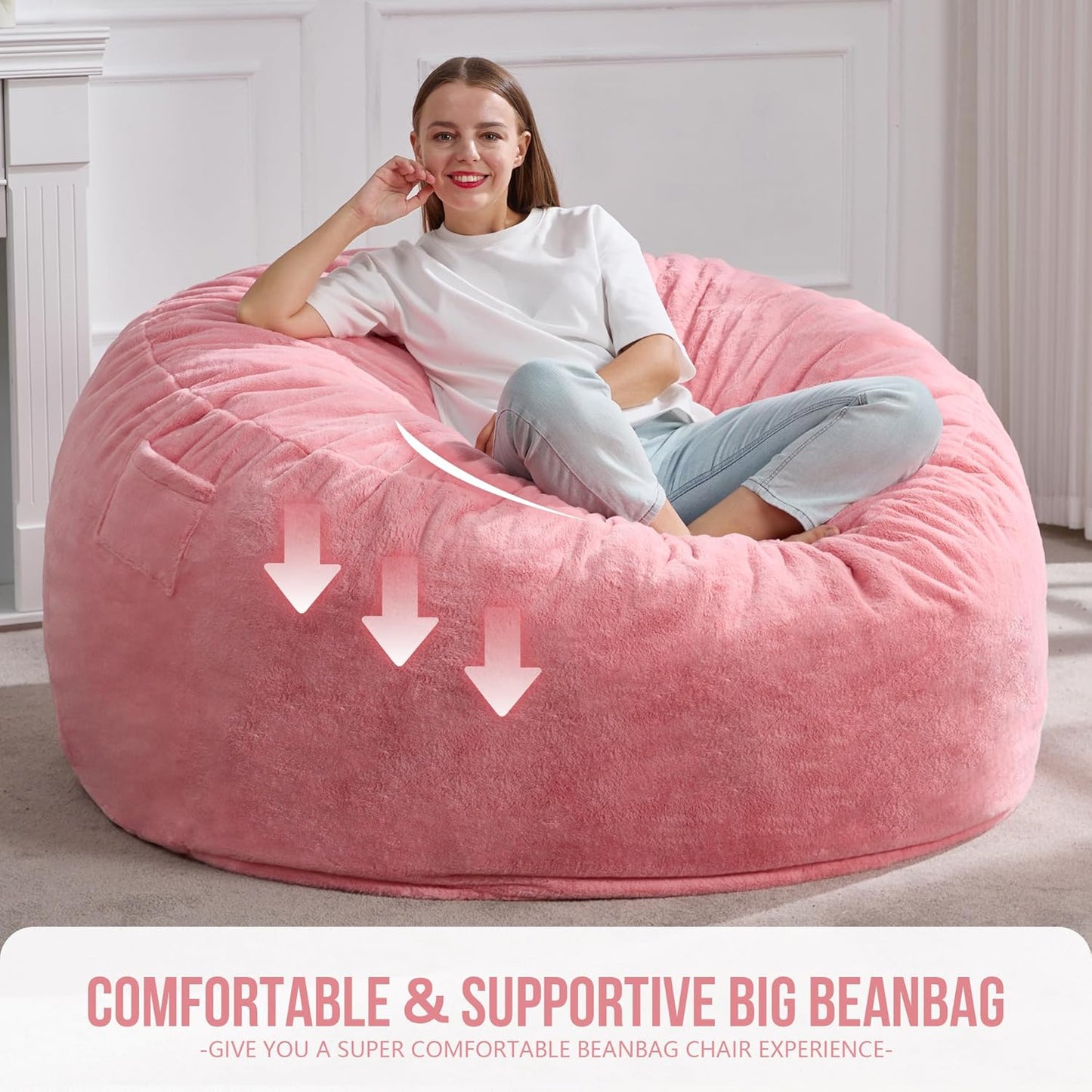 Hobestluk 5ft Bean Bag Chairs for Adults Large Beanbag Chair with Plush Faux Fur Cover Big Bean Bag Chair for Living Room Bedroom Dorm Office - Pink (50” x 50” x 24”)