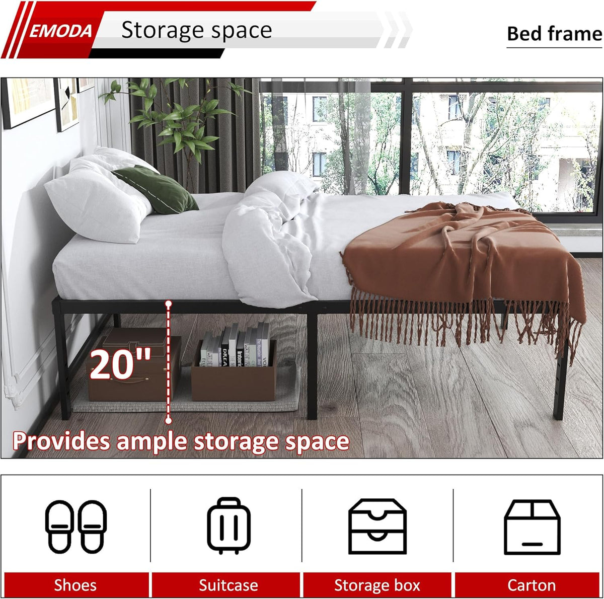 EMODA 20 Inch Twin Bed Frame No Box Spring Needed, Heavy Duty Tall Metal Twin Platform Bed Frames with Large Storage Space, Noise Free, Easy Assembly, Black