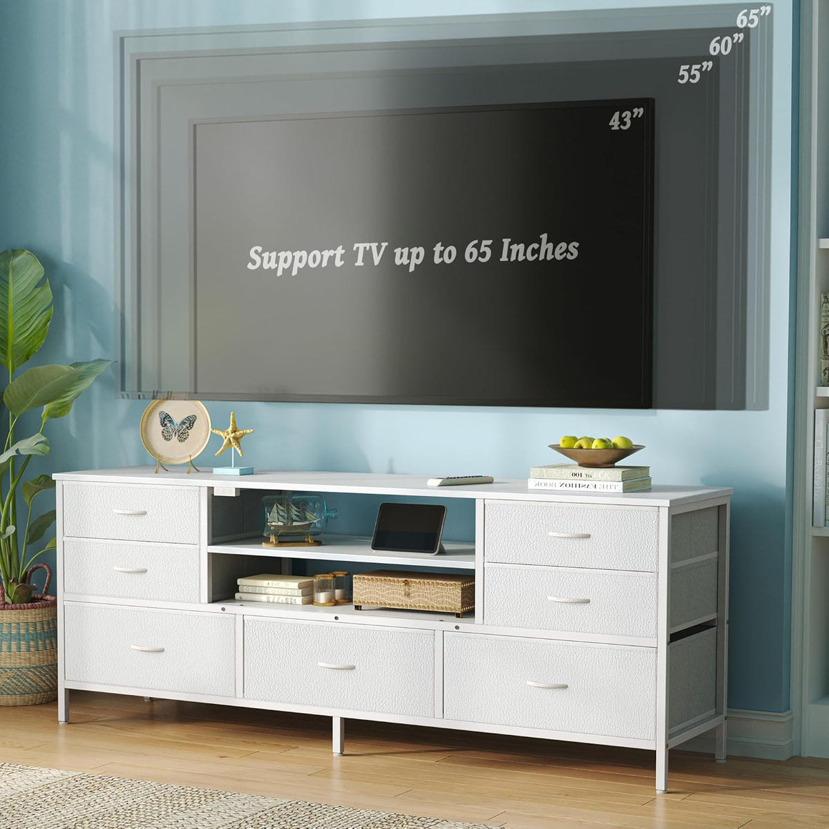 Huuger Dresser for Bedroom With Power Outlets and LED Lights, 7 Drawers TV Stand for 60 Inch TV, Console With Open Shelf, 55 Inches Wide White, PU Leather
