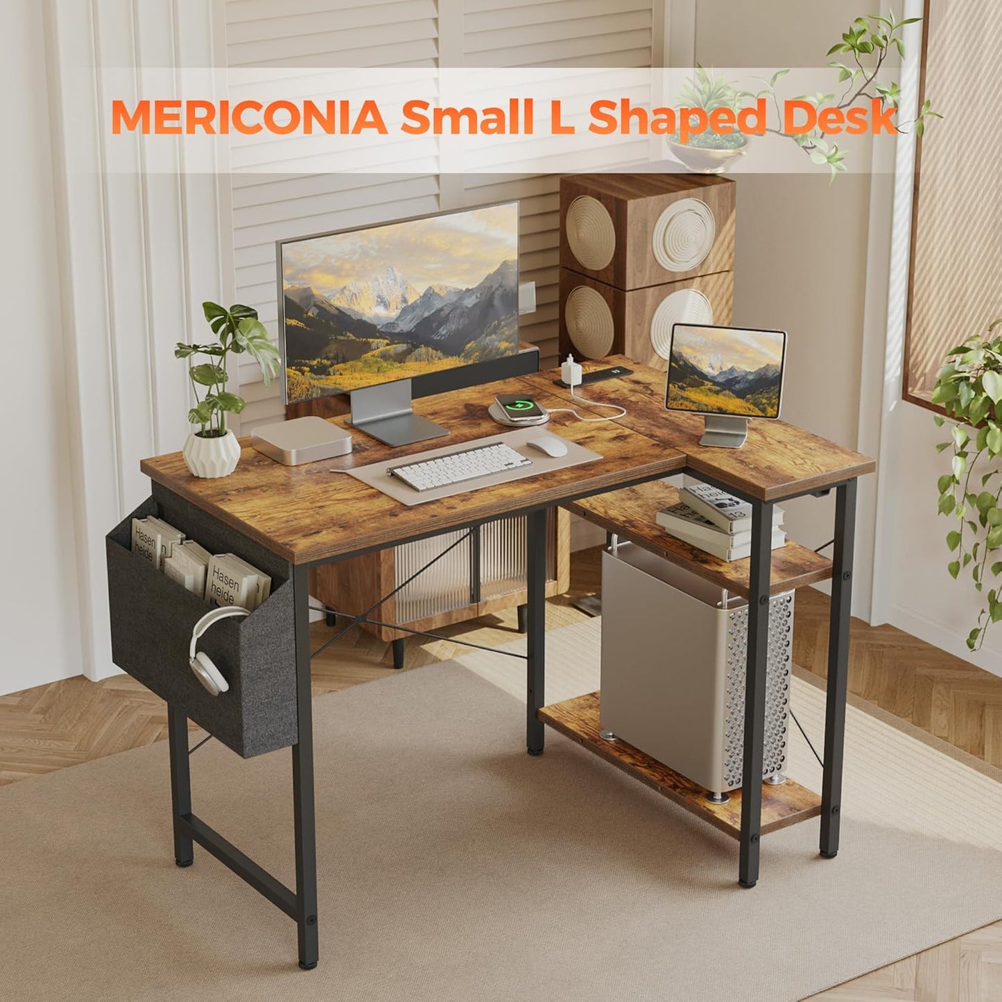 Small L Shaped Computer Desk with Power Outlets, Gaming Desk for Small Spaces, Corner Desk with Reversible Storage Shelves, Study Writing Table for Home Office (Socket, Rustic Brown, 40 inch)