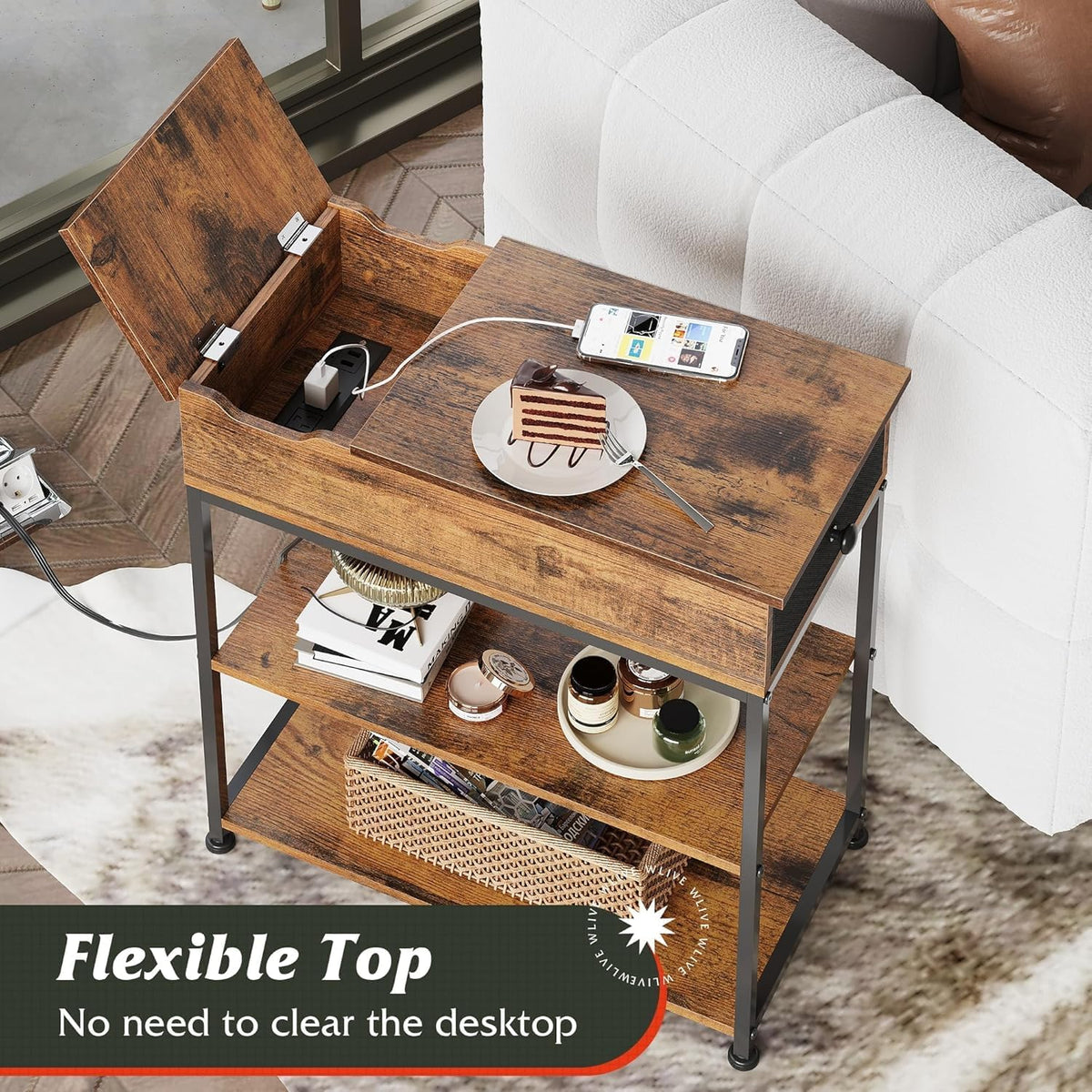 WLIVE Narrow Side Table with Charging Station, End Table for Living Room, Couch Side Table with Fabric Drawer for Bedroon, 11.8‘’W 23.6‘’L 24‘’H, Rustic Brown