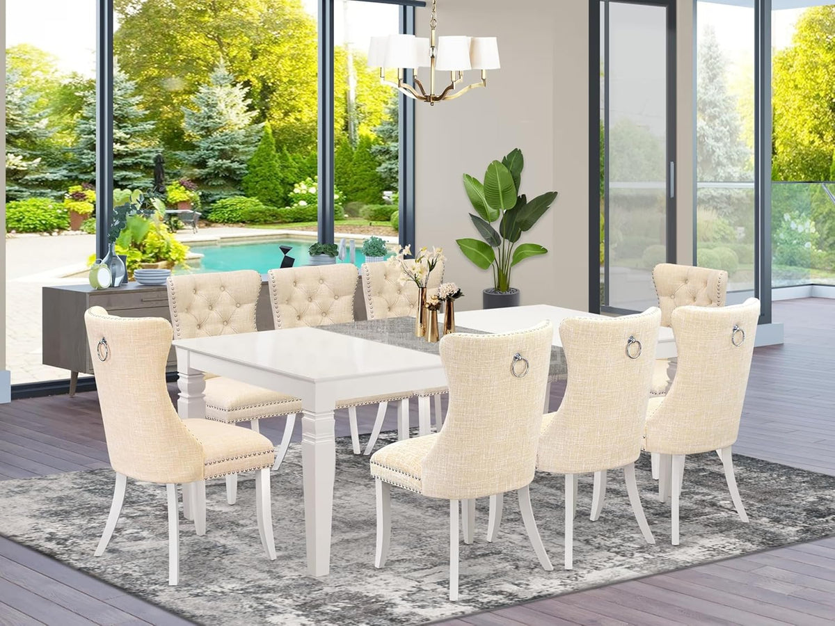 East West Furniture LGDA9-LWH-32 9 Piece Dining Table Set Includes a Rectangle Kitchen Table with Butterfly Leaf and 8 Polyester Fabric Padded Chairs, 42x84 Inch, linen white
