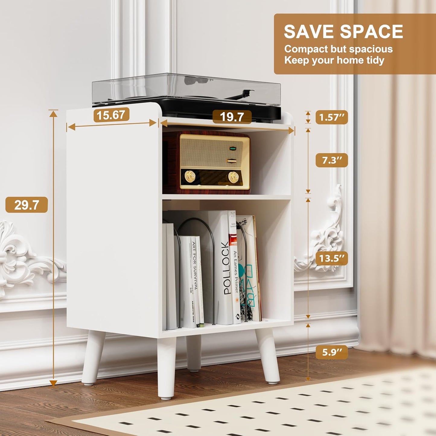 Record Player Stand, Turntable Stand with Record Storage and Charging Station & USB Ports, Record Player Table with Metal Divider, Record Stand Up to 160 Albums for Living Room, Bedroom, White