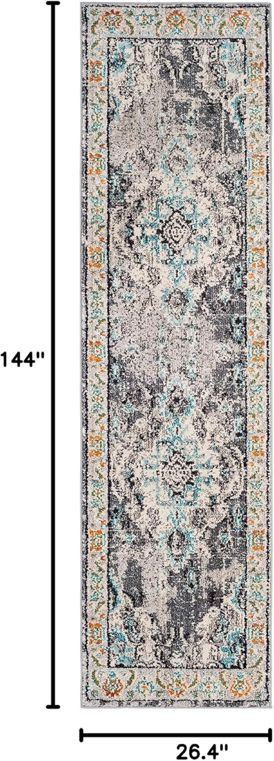 SAFAVIEH Monaco Collection Runner Rug - 2'2" x 12', Grey & Light Blue, Boho Chic Medallion Distressed Design, Non-Shedding & Easy Care, Ideal for High Traffic Areas in Living Room, Bedroom (MNC243G)