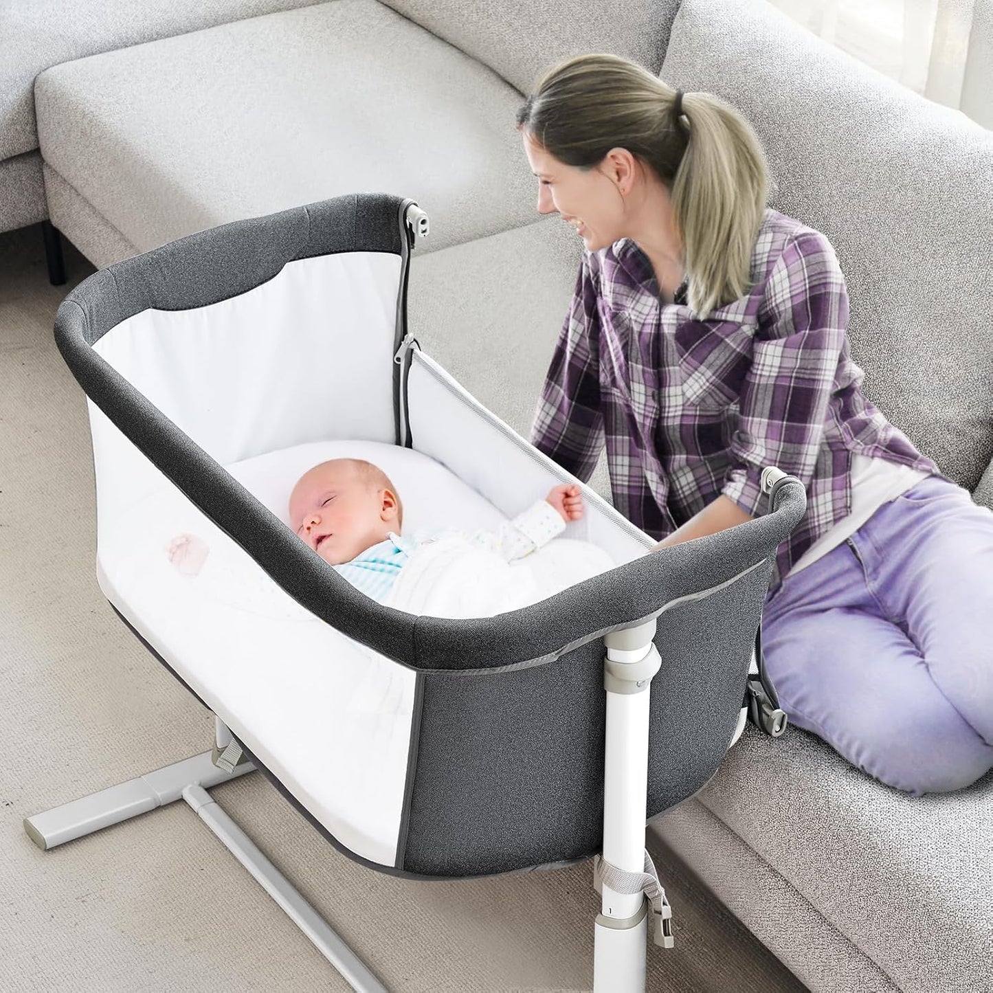 RONBEI Baby Bassinet Bedside Sleeper, Easy to Assemble Bassinets for Baby/Infants, Height Adjustable Bedside Bassinet for Newborn Baby