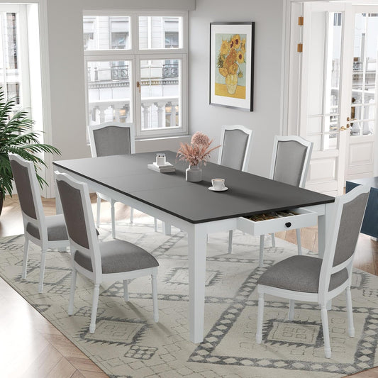 Merax Rustic 7 Piece 78.1inch Extendable Dining Table Set with 18inch Removable Leaf, 6 Upholstered Dining Chairs, 2 Built-in Drawers, Dark Gray+White