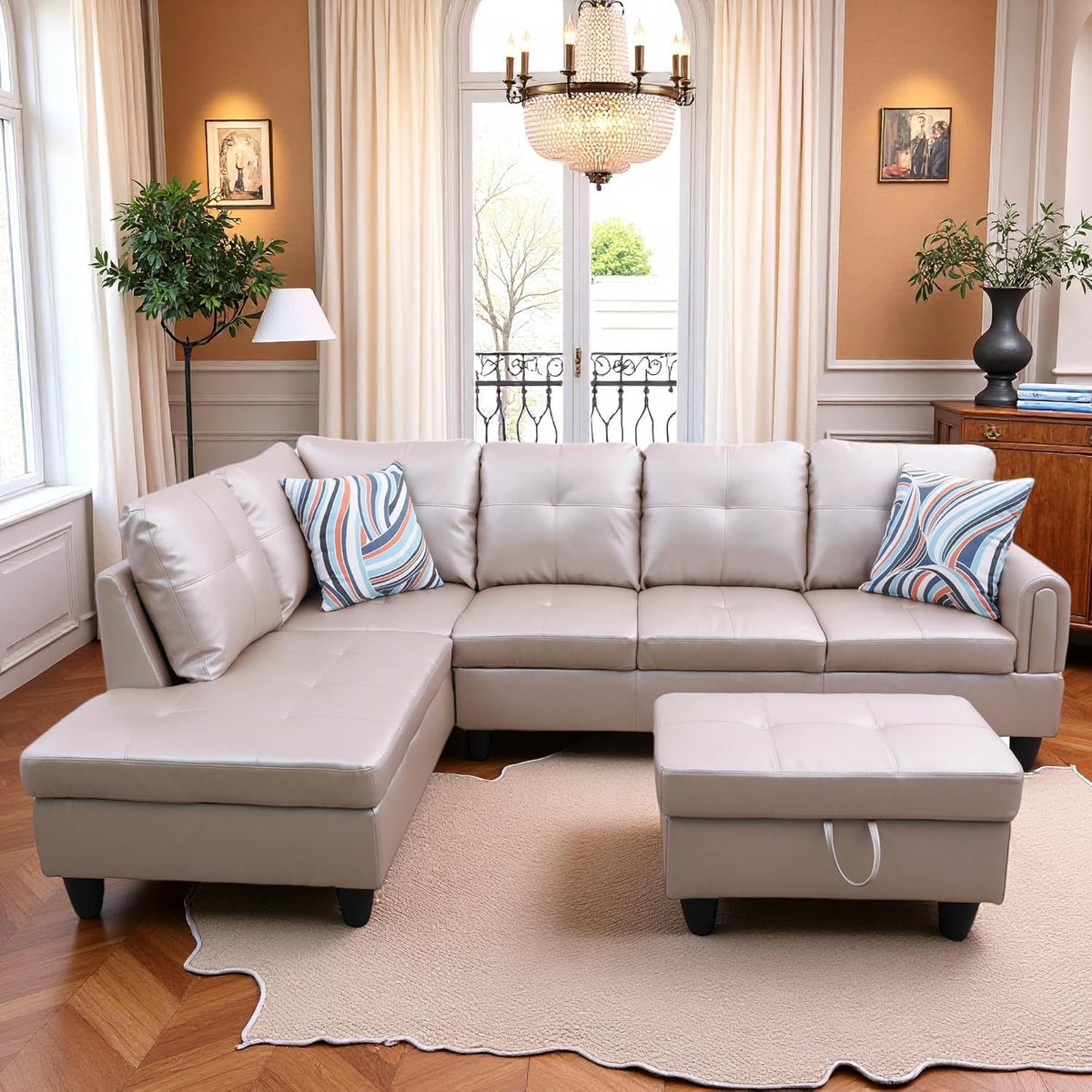 L-Shaped Sectional Sofa with Ottoman, Right-Facing Leather Modern Couch with Cup Holder for Living Room, Bedroom, Office, Persistent Pink