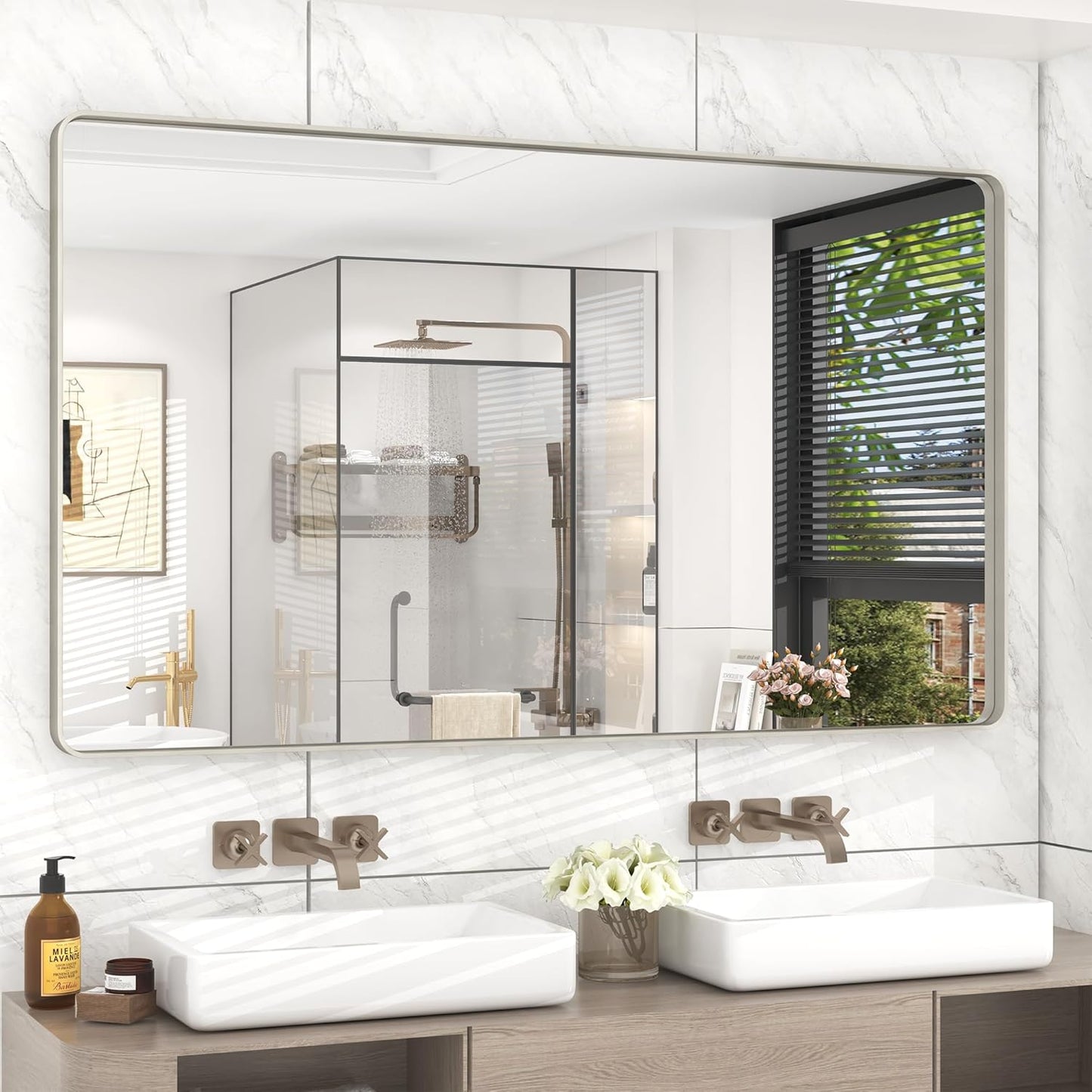55x30 Silver Bathroom Mirror for Wall, Brushed Metal Silver Framed Bathroom Vanity Mirror, Rounded Corner Rectangle Mirror, Shatterproof, Anti-Rust (Horizontal/Vertical)